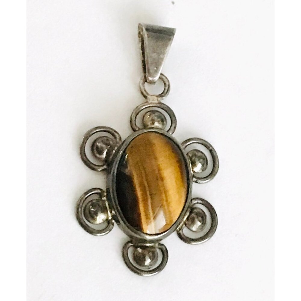 Vintage Tiger Eye Sterling Silver Pendant 925 Marked Oval Flower Shape